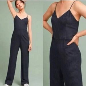 Anthropologie The Essential Jumpsuit Navy Pinstripe Spaghetti-Strap NWT Sz2